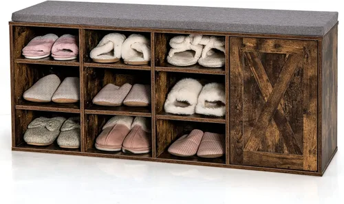 Giantex Banco de zapatos de 9 cubos con almacenamiento, estantes ajustables con cojín acolchado extraíble, banco de almacenamiento de zapatos de 3
