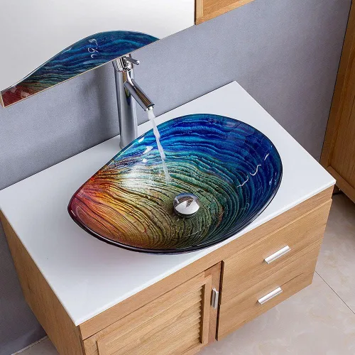 Lovedima Fregadero de vidrio templado, fregadero de lavado de tocador de baño en forma de lágrima multicolor sobre el mostrador Multi colorido