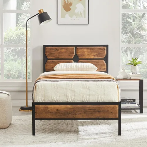 Miniatura 3 de VECELO Base de cama individual tamaño individual con cabecera y estribo de madera, base de colchón de plataforma de metal con fuerte soporte