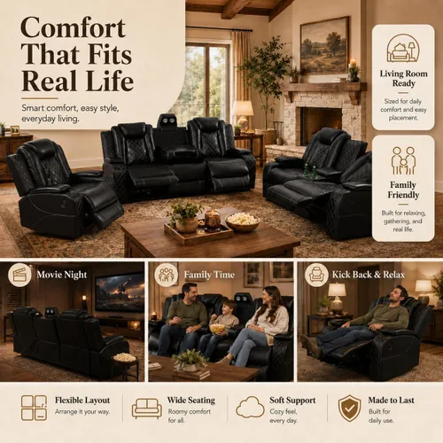 Miniatura 5 de Juego de sofá de cuero reclinable eléctrico, 3 piezas, asientos de cine en casa con luces LED, carga inalámbrica, puertos USB, consola de Negro