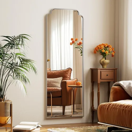 Miniatura 3 de Espejo arqueado plateado de cuerpo entero de 21"x56", para colgar en la pared o de piso con marco de metal, espejo arqueado decorativo moderno