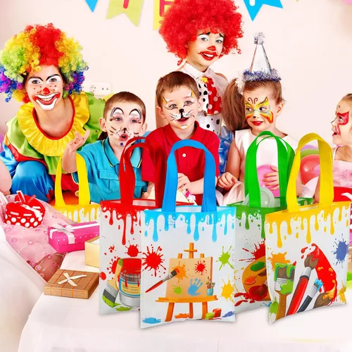 Miniatura 7 de Sweetude 24 bolsas de regalo para fiestas artísticas, bolsas de regalo de pintura no tejida con asas, decoraciones de fiesta de salpicaduras