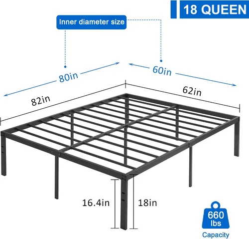 Miniatura 3 de VECELO Base de cama alta de plataforma de metal tamaño Queen de 18 pulgadas, listones de acero resistente, base de colchón de fácil montaje,