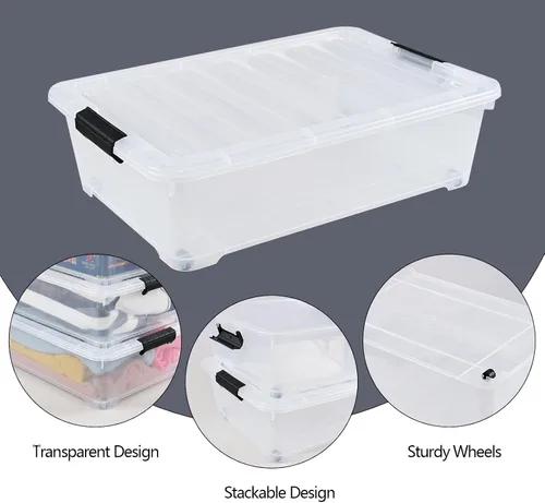Miniatura 3 de Cajas de almacenamiento de plástico de 25 cuartos de galón debajo de la cama, contenedor de almacenamiento con ruedas, paquete de 3, transparente