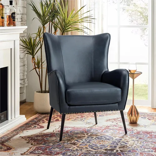 Miniatura 13 de HULALA HOME Silla decorativa de piel sintética con cojín extraíble, cómodo sillón tapizado con patas de metal negro y ribete de cabeza de clavo