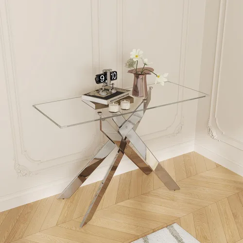 Miniatura 15 de Mesa de centro de cristal de 47 pulgadas con parte superior de vidrio templado y patas de metal dorado, mesa central rectangular moderna para sala