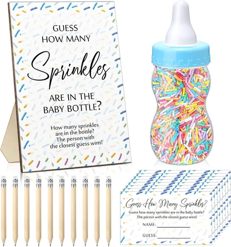 Qilery 122 piezas de juegos de baby shower Adivina cuántos gránulos incluidos, letrero de pie, 100 tarjetas de adivinanza, 20 lápices, 1 biberón