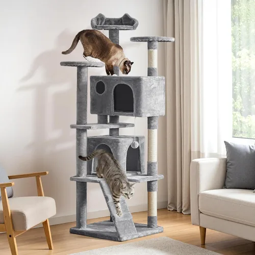 Miniatura 2 de Yaheetech Árbol para Gatos Multinivel de 70 Pulgadas Torre Alta para Gatos Mueble para Gatos con Condominio, Postes Rascadores y Pelota Colgante Gris