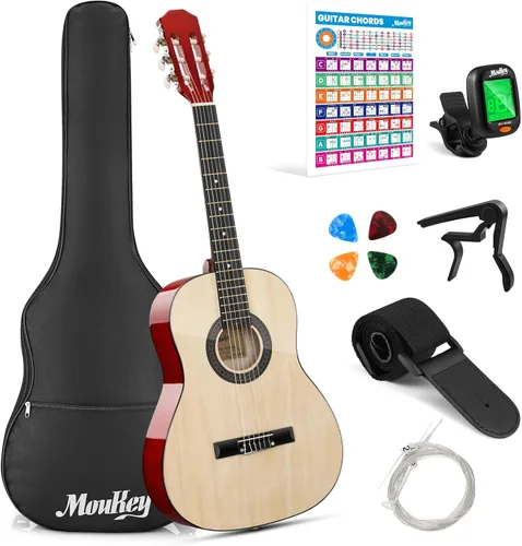 Miniatura 11 de Moukey Guitarra acústica de 30 pulgadas para principiantes, niños y jóvenes, 1/4 tamaño Dreadnought Guitarra Acustica Kit con póster de acordes