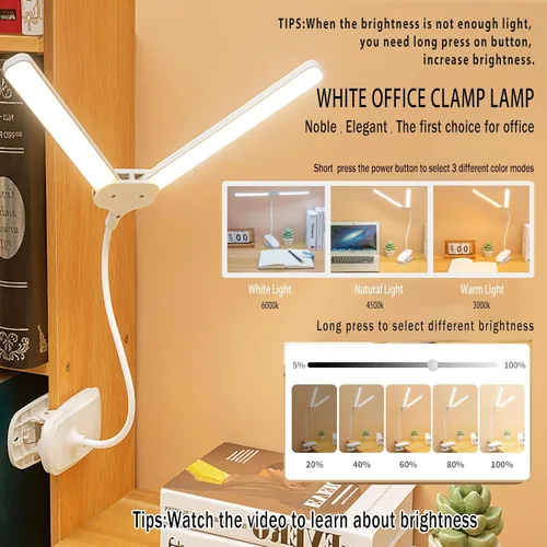 Miniatura 5 de Lámpara de escritorio LED de doble cabeza con abrazadera, luces de clip para oficina en casa, lámparas de mesa recargables de 4000 mAh, 3 modos