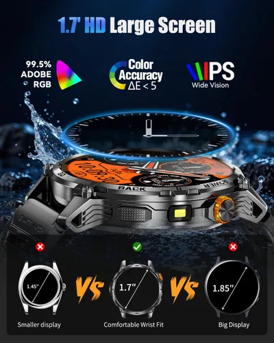 Miniatura 2 de Military Smart Watch for Men, Rugged Tactical Smartwatch with 1000mAh Battery & LED Flashlight, 1.7" HD Fitness Tracker with Bluetooth Call, Heart