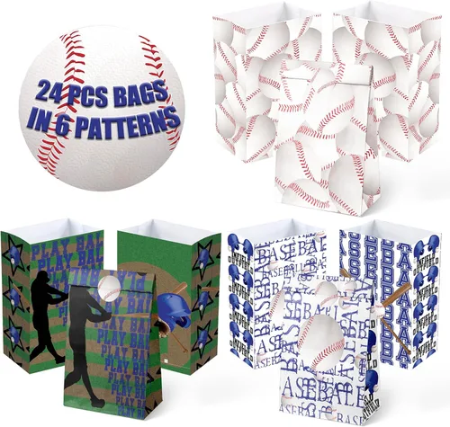 Miniatura 4 de Bolsas de regalo de fiesta de béisbol para niños – 24 bolsas de regalo de béisbol con 6 diseños, bolsas de papel para niños, temática deportiva