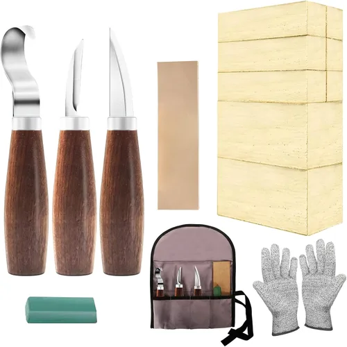 Cor cordium Kit de corte de madera con bloques de tilo para adultos y principiantes, el juego de tallado incluye 3 cuchillos viejos y 8 bloques y