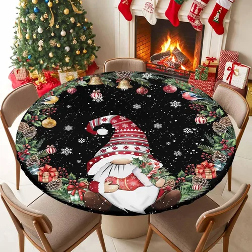 Miniatura 25 de Mantel ajustado redondo de Navidad con Poinsettia, mantel de lino retro de Navidad impermeable para mesa circular, mantel circular elástico de Rojo