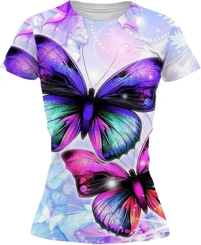 Miniatura 5 de Camisetas para mujer con estampado floral 3D de mariposa, camiseta de manga corta con cuello redondo informal