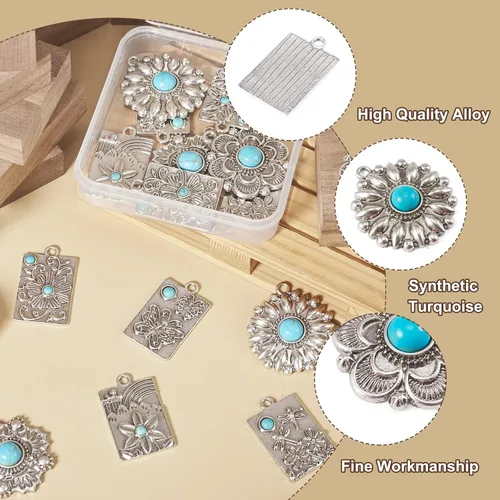 Miniatura 6 de Colgantes de estilo tibetano, dijes de piedra turquesa sintética para collar, pulsera, joyería, fabricación de artesanías, Gema, No es una piedra