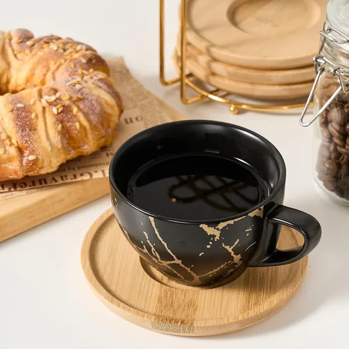 Miniatura 6 de LUKA - Juego de tazas de café de cerámica con platillos y soporte de metal, tazas de capuchino apilables de 8 onzas, taza de té para té, espresso