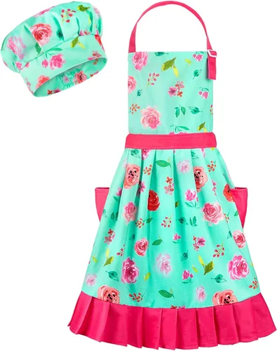 MHJY Conjunto de Delantal y Gorro para Niñas Delantales de Falda Plisada Vintage con Correa Ajustable y Bolsillos para Hornear y Cocinar 8-12 Años