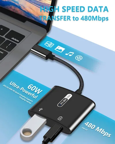 Miniatura 5 de Adaptador USB C OTG con alimentación, 2 en 1 USB C a USB hembra con adaptador de carga PD de 60 W compatible con iPhone 17/16/15, iPad Pro/Air 6