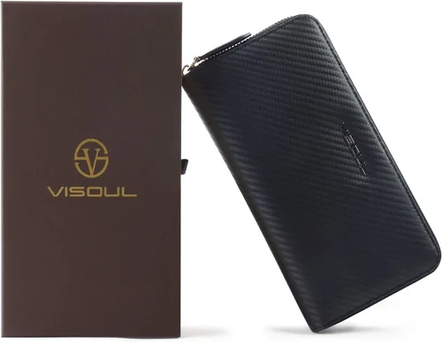Miniatura 13 de VISOUL Cartera larga de cuero con cremallera para hombres y mujeres con bloqueo RFID, cartera larga de embrague grande con cremallera, Negro