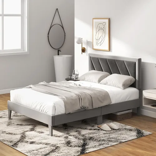 Miniatura 8 de Giantex Base de cama de terciopelo de tamaño matrimonial con cabecero, moderna plataforma tapizada, base de colchón con 12 listones de madera