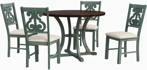 Miniatura 8 de Juego de mesa de comedor redonda clásica de 5 piezas con patas de forma especial y respaldo hueco para silla, para comedor, cocina, apartamento
