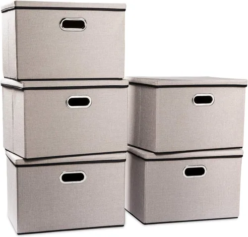 Miniatura 76 de PRANDOM Contenedor de almacenamiento plegable con tapa [1 unidad] Caja de almacenamiento decorativa de tela de lino, cesta organizadora con asas