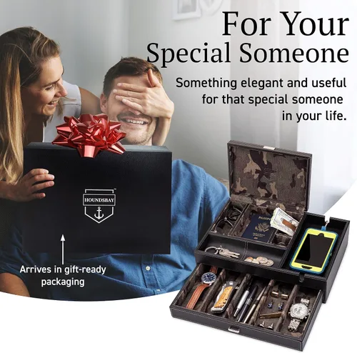 Miniatura 6 de HOUNDSBAY Admiral Dresser Valet Box y organizador de joyero para hombre, organizador de caja de reloj para hombres con estación de carga grande