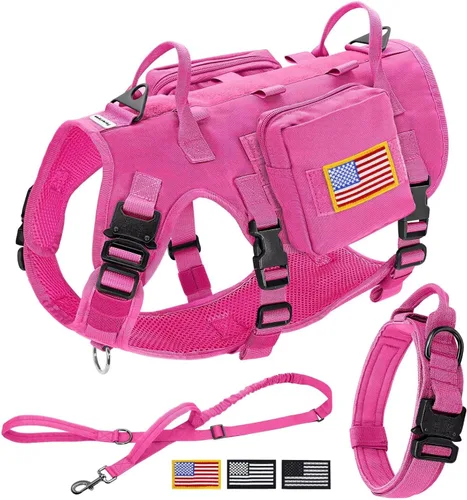 Forestpaw Arnés táctico rosa para perros grandes, collar táctico para perro con correa elástica, arnés militar para perro sin tirones para Rosa