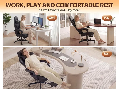 Miniatura 4 de Silla de oficina de cuero transpirable con cojín de resorte de bolsillo, silla ergonómica ancha y alta para juegos de computadora con reposacabezas