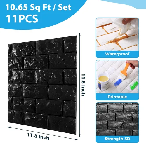 Miniatura 2 de Circloophs Paneles de pared 3D para pegar y despegar, papel tapiz 3D imprimible de ladrillo negro, autoadhesivo, impermeable, paneles de ladrillo