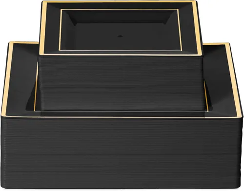 Miniatura 5 de BloominGoods 100 platos cuadrados desechables de plástico negro, paquete de 100 platos cuadrados de plástico de 6.5 y 10 pulgadas con borde dorado