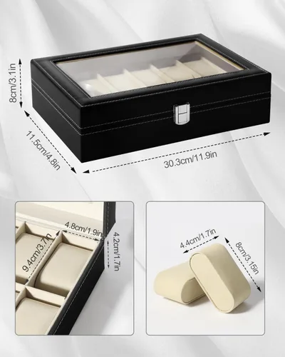 Miniatura 6 de Uten Organizador de relojes, caja de poliuretano con 12 ranuras y tapa de cristal, regalo del día de San Valentín, caja de exhibición de reloj