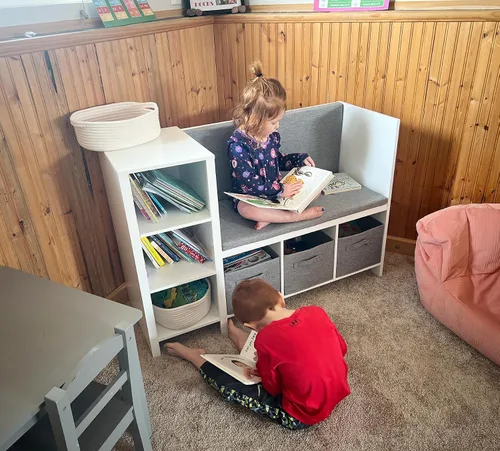 Miniatura 8 de UTEX Banco de lectura para niños con estantería, estantería para niños y organizador de almacenamiento con cojín de asiento, banco de lectura
