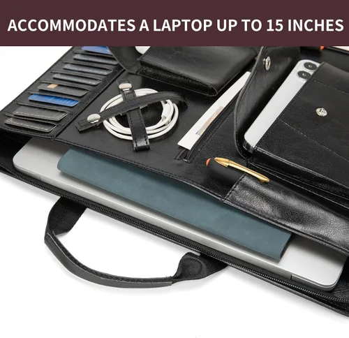 Miniatura 5 de Portafolio de cuero vegano para tamaño legal (8.5 x 14 pulgadas), portafolio portapapeles con asa, soporte para laptop de 15 pulgadas, organizador