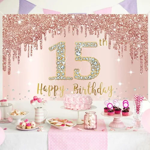 Miniatura 4 de Cartel de feliz cumpleaños número 15 para niñas, decoración de fondo de oro rosa para fiesta de cumpleaños número 15, póster de cumpleaños rosa