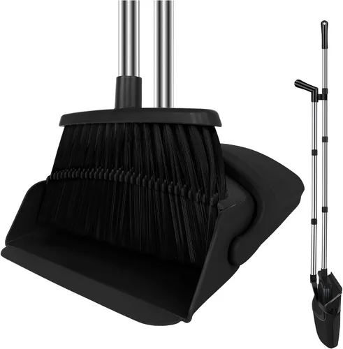 Miniatura 11 de Juego de escoba y recogedor mejorado, mango largo de 55 pulgadas, escoba grande negra con recogedor, recogedor autolimpiante para vestíbulo, cocina