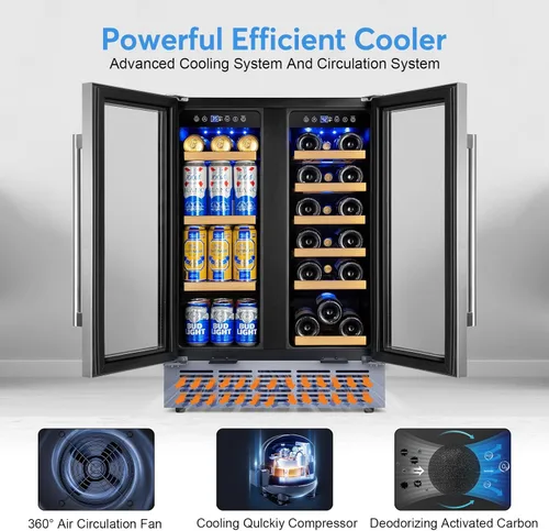 Miniatura 6 de FoMup - Refrigerador de vino y bebidas con puerta de vidrio, refrigerador de vino de 24 pulgadas, doble zona debajo del mostrador - 18 botellas y 88