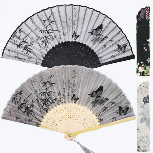 Miniatura 12 de Abanicos de mano plegables pequeños para mujer, 2 abanicos chinos japoneses de seda de bambú vintage, para baile, festival de música, boda, fiesta