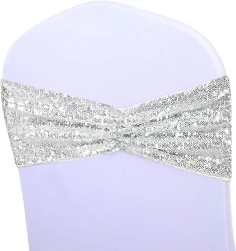 Miniatura 9 de SquarPie - Paquete de 50 bandas para silla, de elastano elástico dorado, lazos de lentejuelas unilaterales para decoración de bodas, fiestas