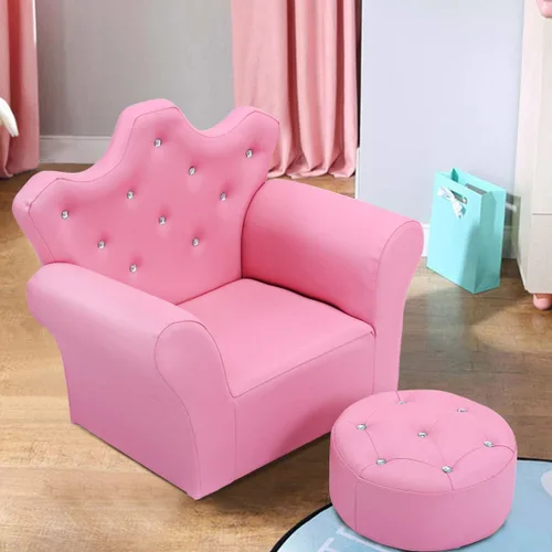 Miniatura 7 de HONEY JOY Sofá para niños, sofá tapizado de princesa con otomana, piel de PVC y cristal incrustado, muebles de dormitorio para bebé niña (rosa)