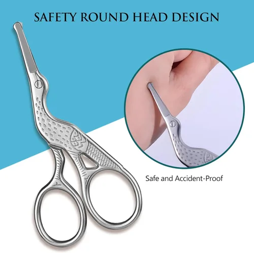 Miniatura 5 de Paquete de 2 tijeras de cigüeña curvadas y redondeadas, tijeras profesionales de belleza de acero inoxidable para cejas, vello facial, piel seca