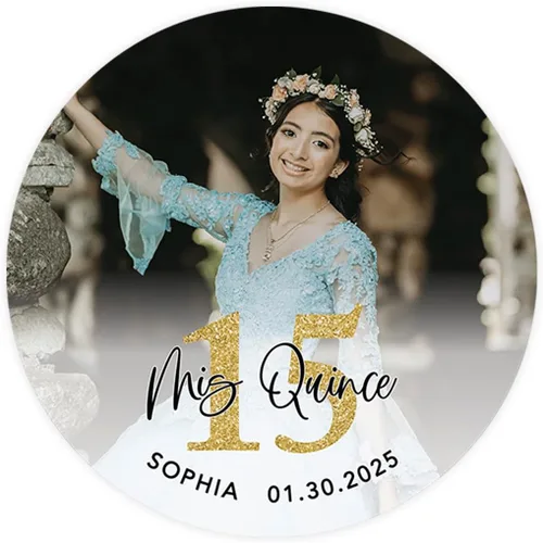 Andaz Press Paquete de 40 etiquetas redondas personalizadas de 2" para quinceañera, etiquetas adhesivas Mis Quince con foto personalizada para Mis