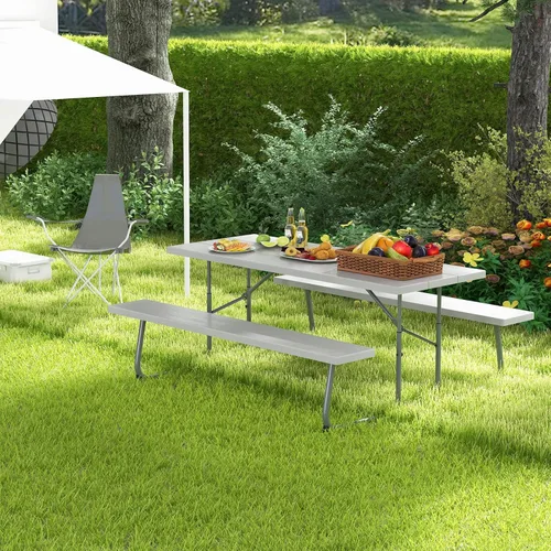 Miniatura 9 de Tangkula Mesa de picnic plegable de 6 pies, mesa de picnic al aire libre con 2 bancos integrados, agujero para paraguas, marco de metal y mesa