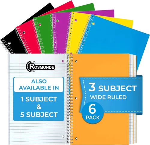 Rosmonde Cuaderno de 3 materias con rayas anchas, paquete de 6, páginas adicionales, 300 páginas (150 hojas), papel grueso que no se corre, 3