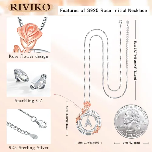Miniatura 5 de RIVIKO Regalos de San Valentín para ella, collares de plata esterlina 925 con inicial de círculo de rosas, collares con dije de letra inicial