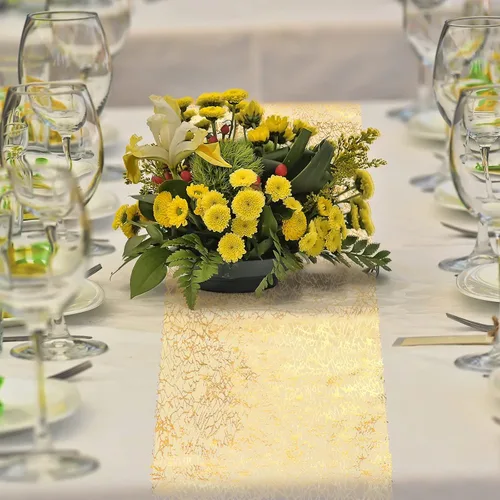 Miniatura 7 de Tatuo 3 piezas de camino de mesa dorado con brillo metálico, camino de mesa metálico con brillo con rollo rectangular de poliéster para decoración
