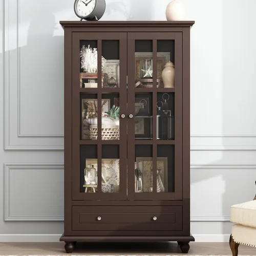 Miniatura 11 de Estantería alta blanca con puertas de cristal, vitrina de madera con estante y cajón ajustables de 3 niveles, armario de despensa para oficina