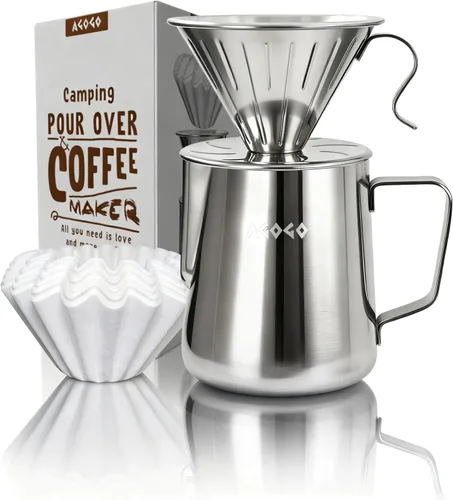 Miniatura 11 de AGOGO Cafetera portátil de goteo V60 - Juego fácil de limpieza compacto gotero de acero inoxidable 304 para acampar y 50 filtros de papel y paño