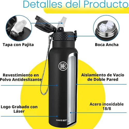 Miniatura 5 de Han's Bottle Botella de agua deportiva de 24 onzas, tapa con pajilla, a prueba de fugas, acero inoxidable aislado al vacío, doble pared, taza